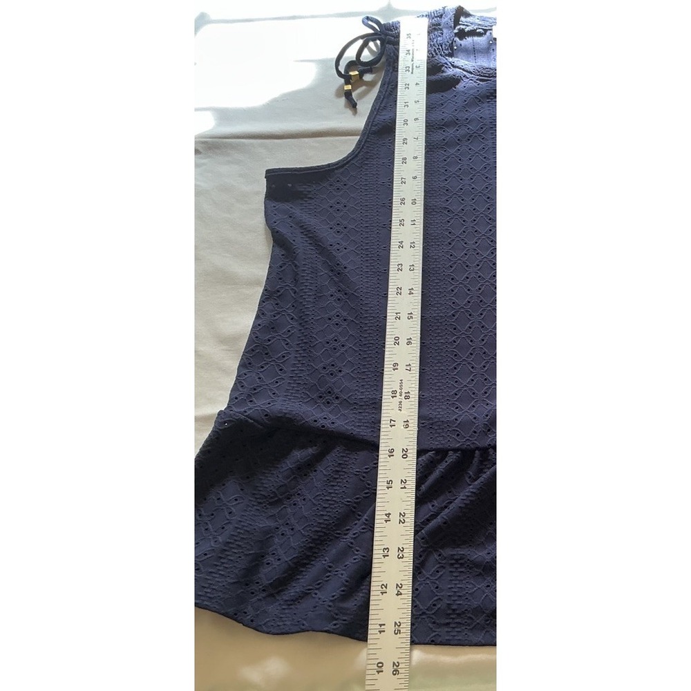 Michael Kors Stretch Women's Sleeveless Top Navy Blue Eyelet Ruffle Hem Size L - Picture 8 of 9